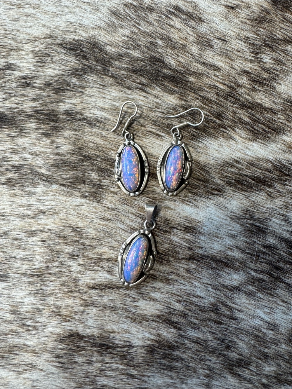 Sterling Silver Opal Pendant and Earrings Set